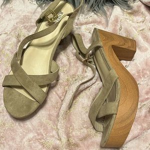 Tan & Wood Block Sandal Heels - worn once